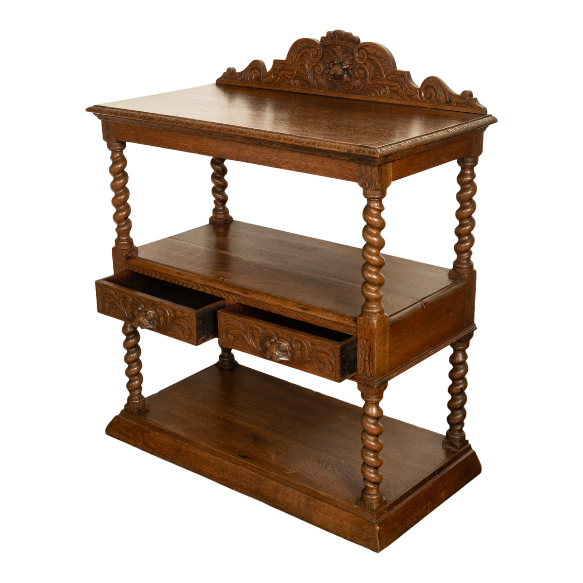 Antique French Renaissance Revival Carved Oak Barley Twist Server Buffet 1870