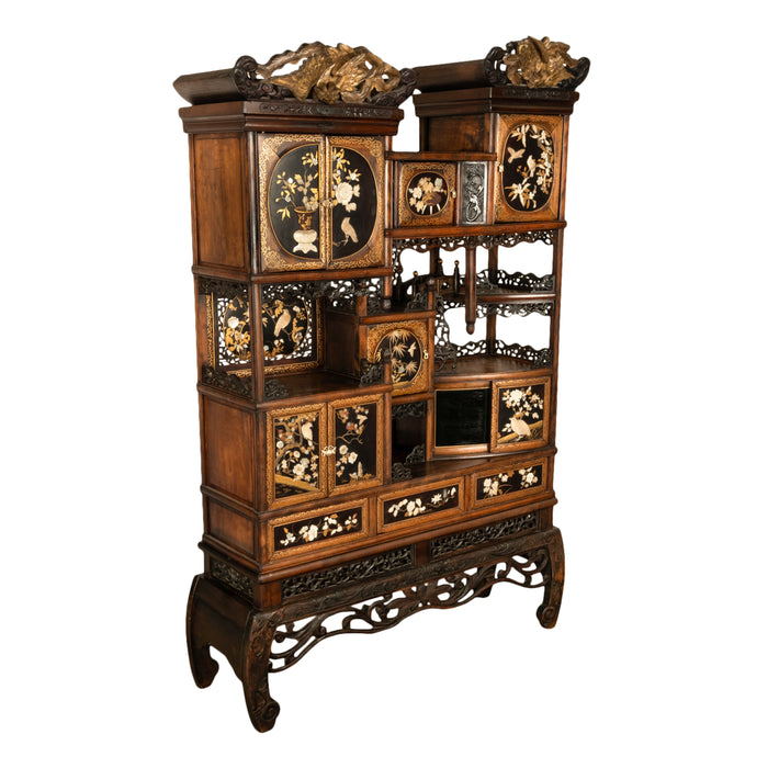 Antique Japanese Lacquer Inlaid Hardwood Meiji Period Shibayama Shodana Cabinet Circa 1880
