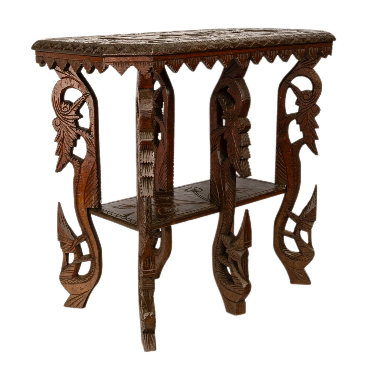Antique Anglo Indian Carved Rosewood Six Legged Side Table Elephant Tiger 1900
