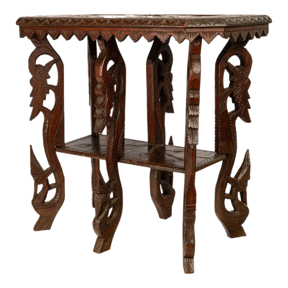 Antique Anglo Indian Carved Rosewood Six Legged Side Table Elephant Tiger 1900