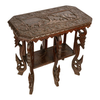Antique Anglo Indian Carved Rosewood Six Legged Side Table Elephant Tiger 1900