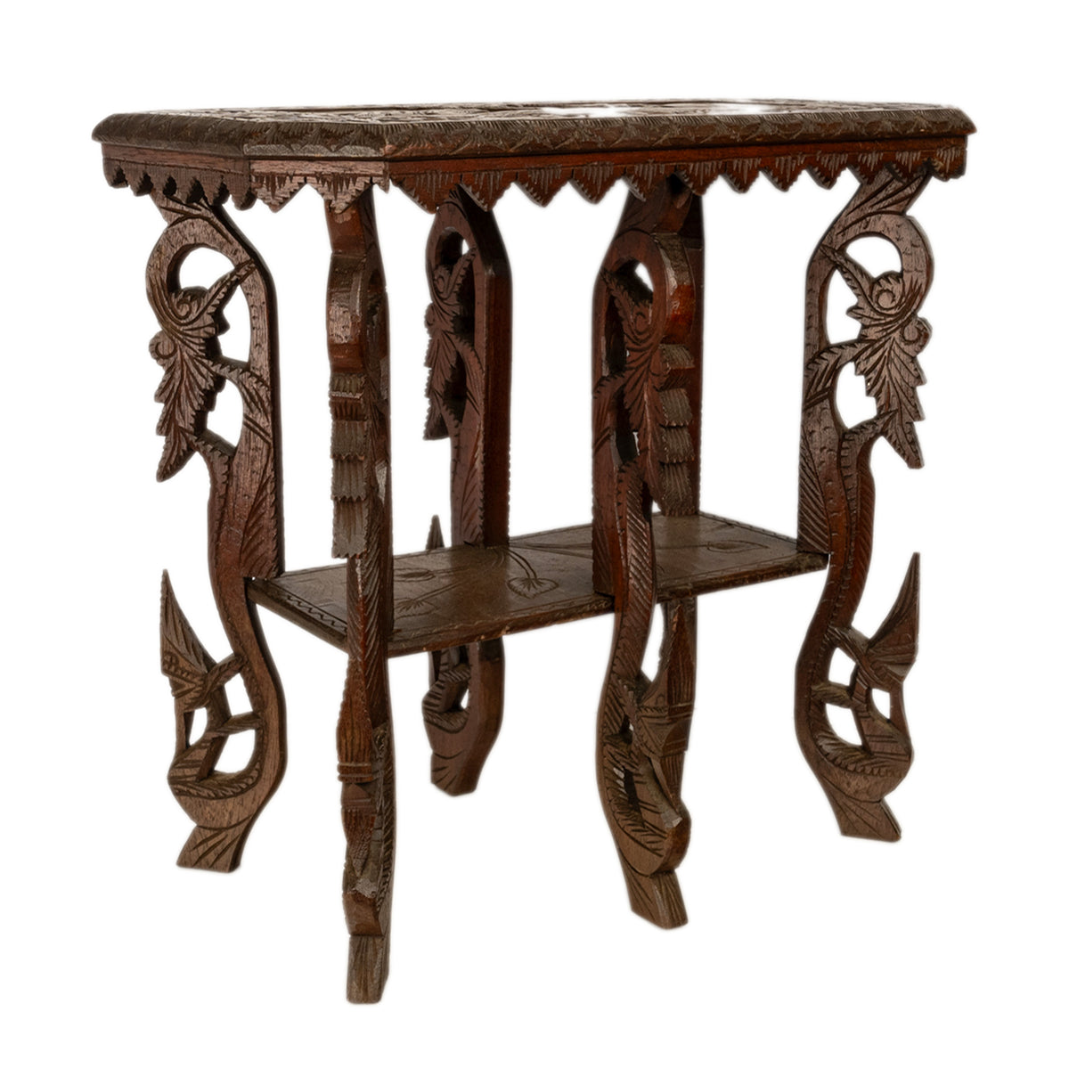 Antique Anglo Indian Carved Rosewood Six Legged Side Table Elephant Tiger 1900