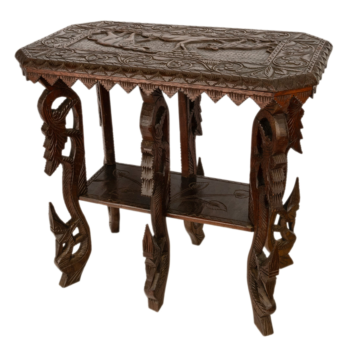 Antique Anglo Indian Carved Rosewood Six Legged Side Table Elephant Tiger 1900