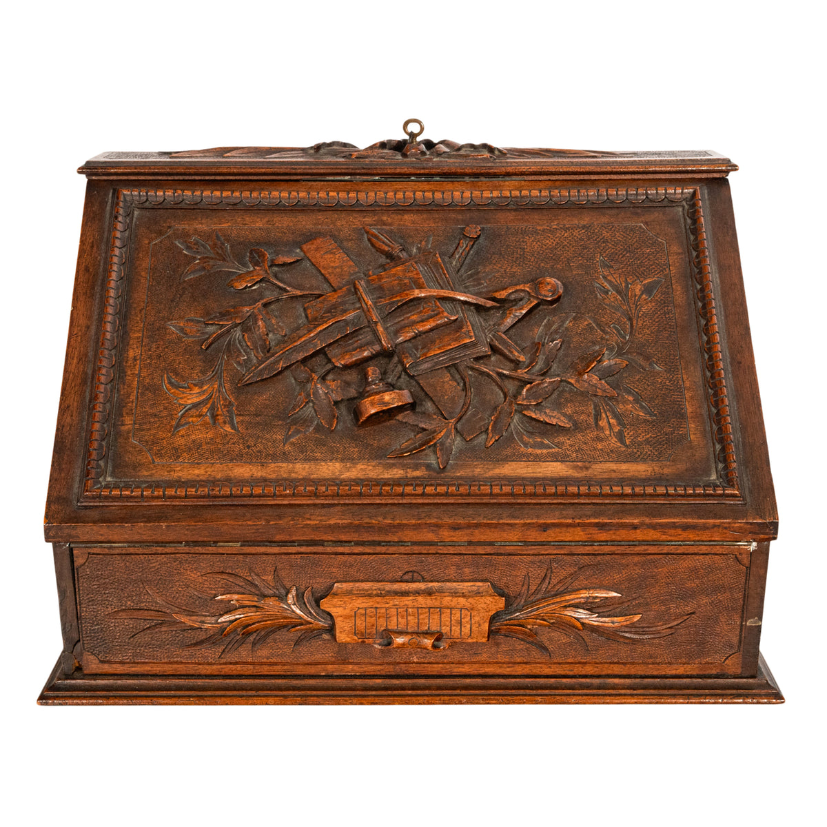 Antique Swiss German Brienz Black Forest Carved Walnut Writing Letter Box Folding Desk 1890