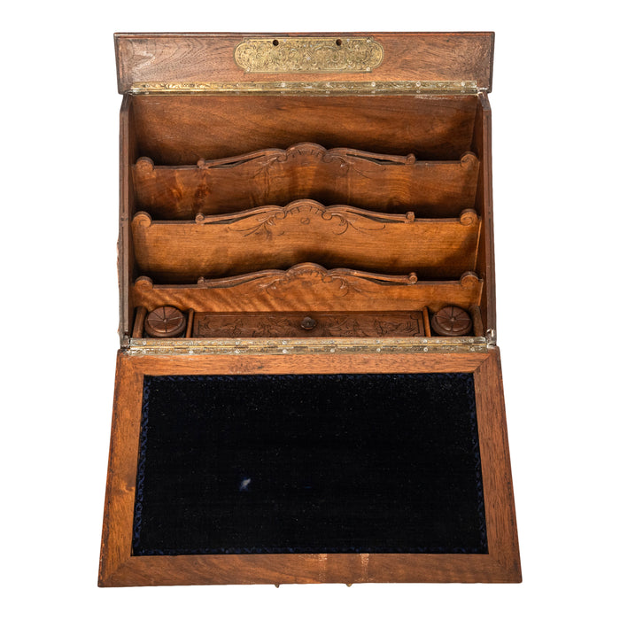 Antique Swiss German Brienz Black Forest Carved Walnut Writing Letter Box Folding Desk 1890
