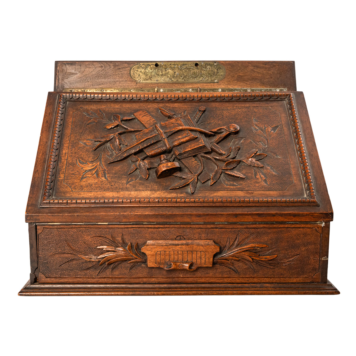 Antique Swiss German Brienz Black Forest Carved Walnut Writing Letter Box Folding Desk 1890