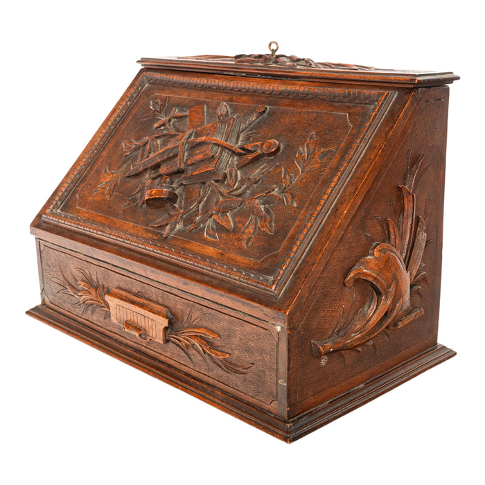 Antique Swiss German Brienz Black Forest Carved Walnut Writing Letter Box Folding Desk 1890
