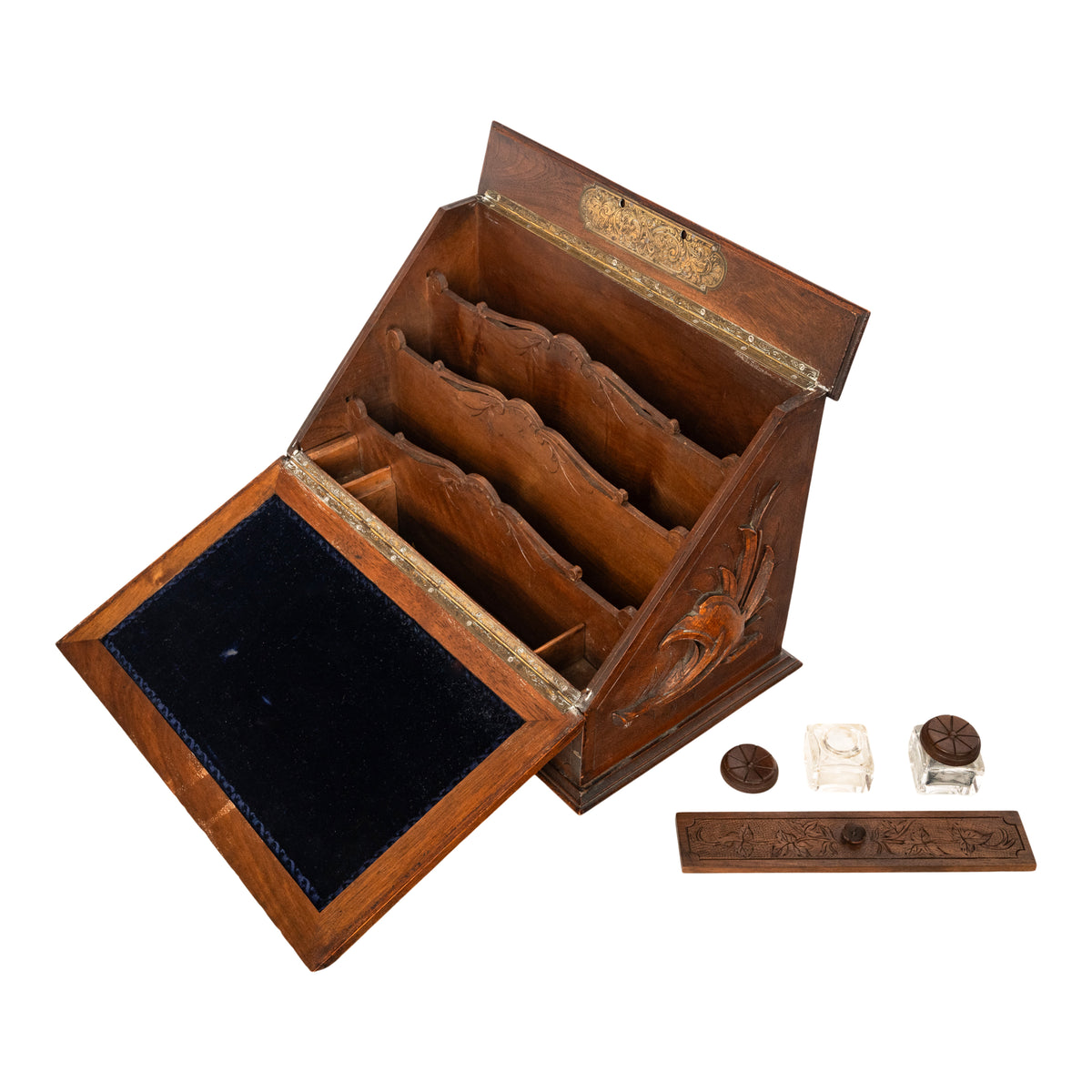 Antique Swiss German Brienz Black Forest Carved Walnut Writing Letter Box Folding Desk 1890