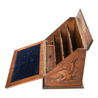 Antique Swiss German Brienz Black Forest Carved Walnut Writing Letter Box Folding Desk 1890