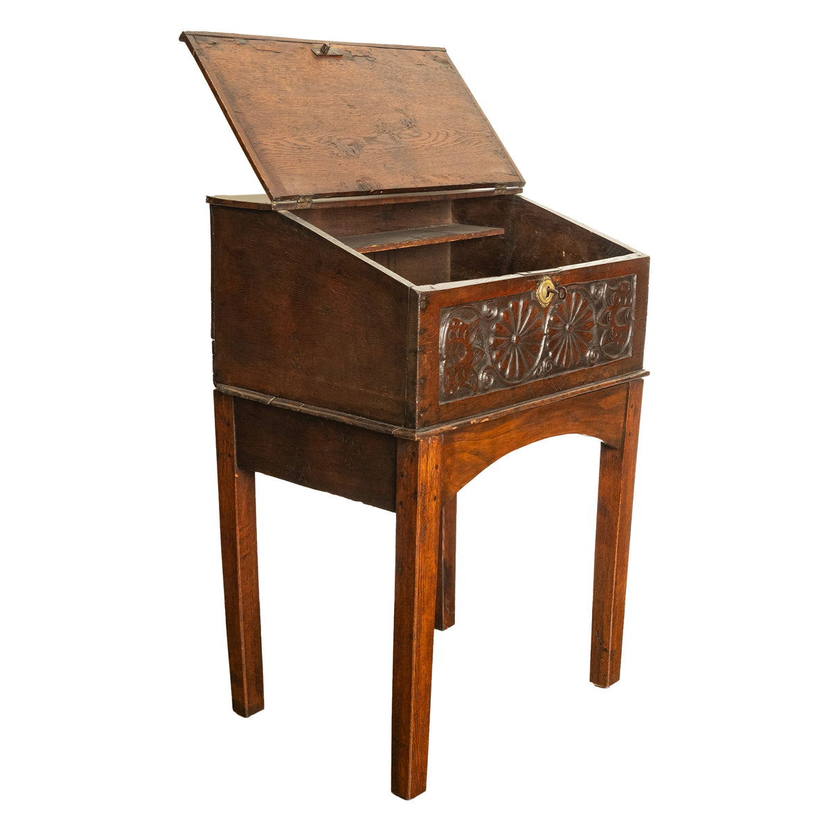 Antique 17th Century Charles II Carved Oak Bible Box Chest Desk on Stand 1680