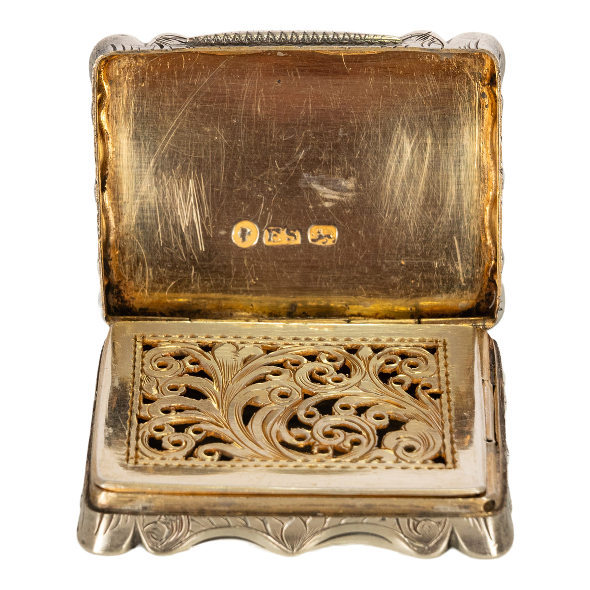 Antique Sterling Silver Gilt Engraved Vinaigrette Birmingham Edward Smith 1839