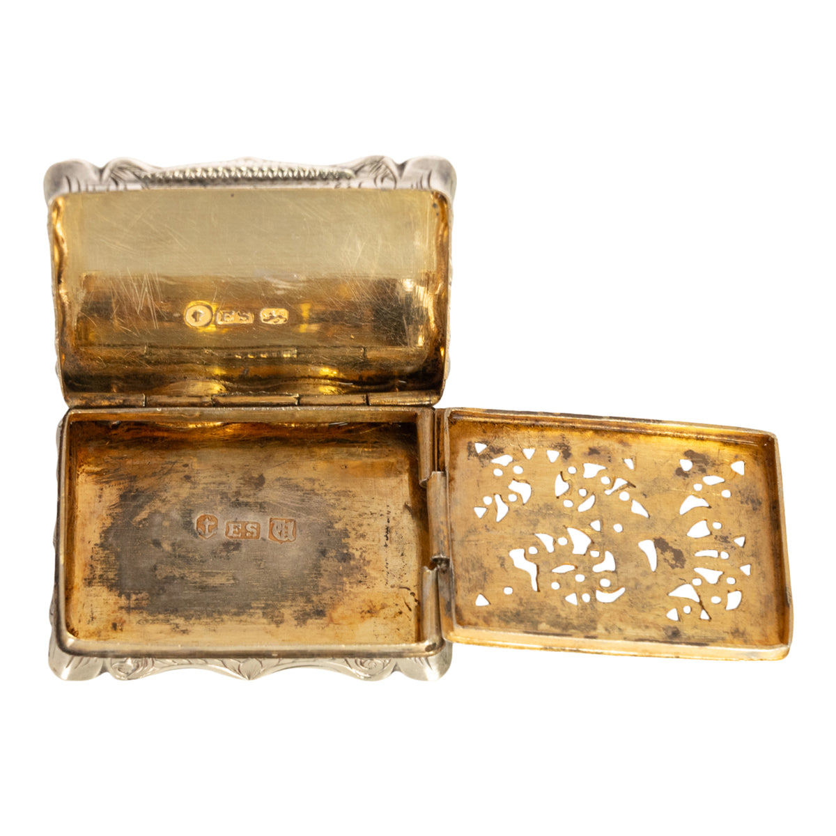 Antique Sterling Silver Gilt Engraved Vinaigrette Birmingham Edward Smith 1839