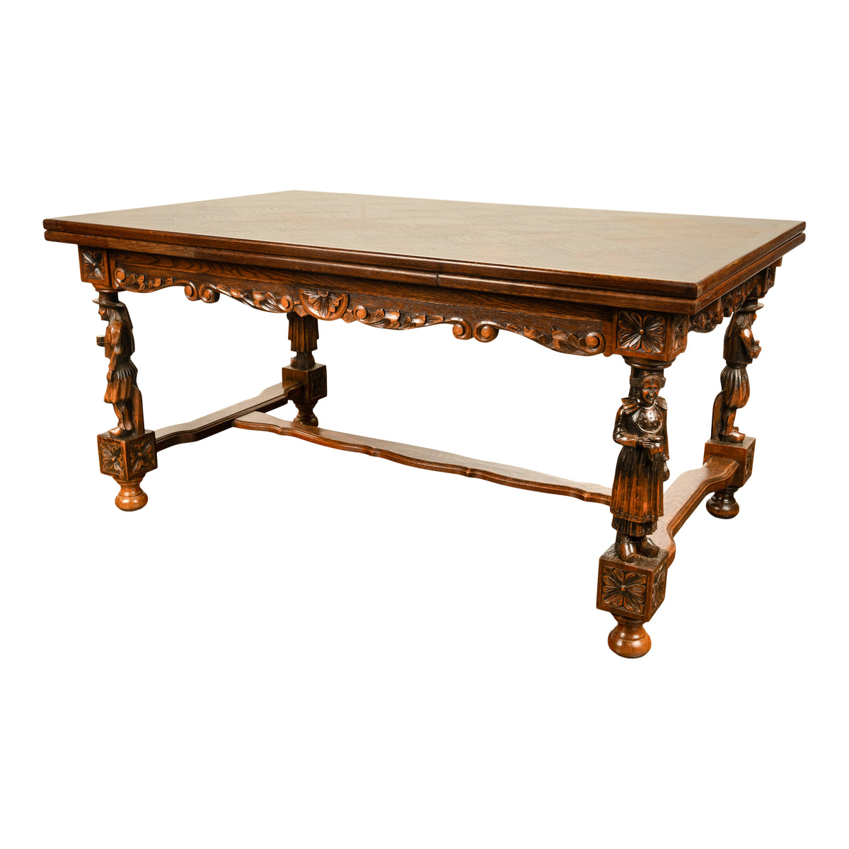 Antique Carved Figural French Breton Inlaid Dining Extending Table Brittany 1900