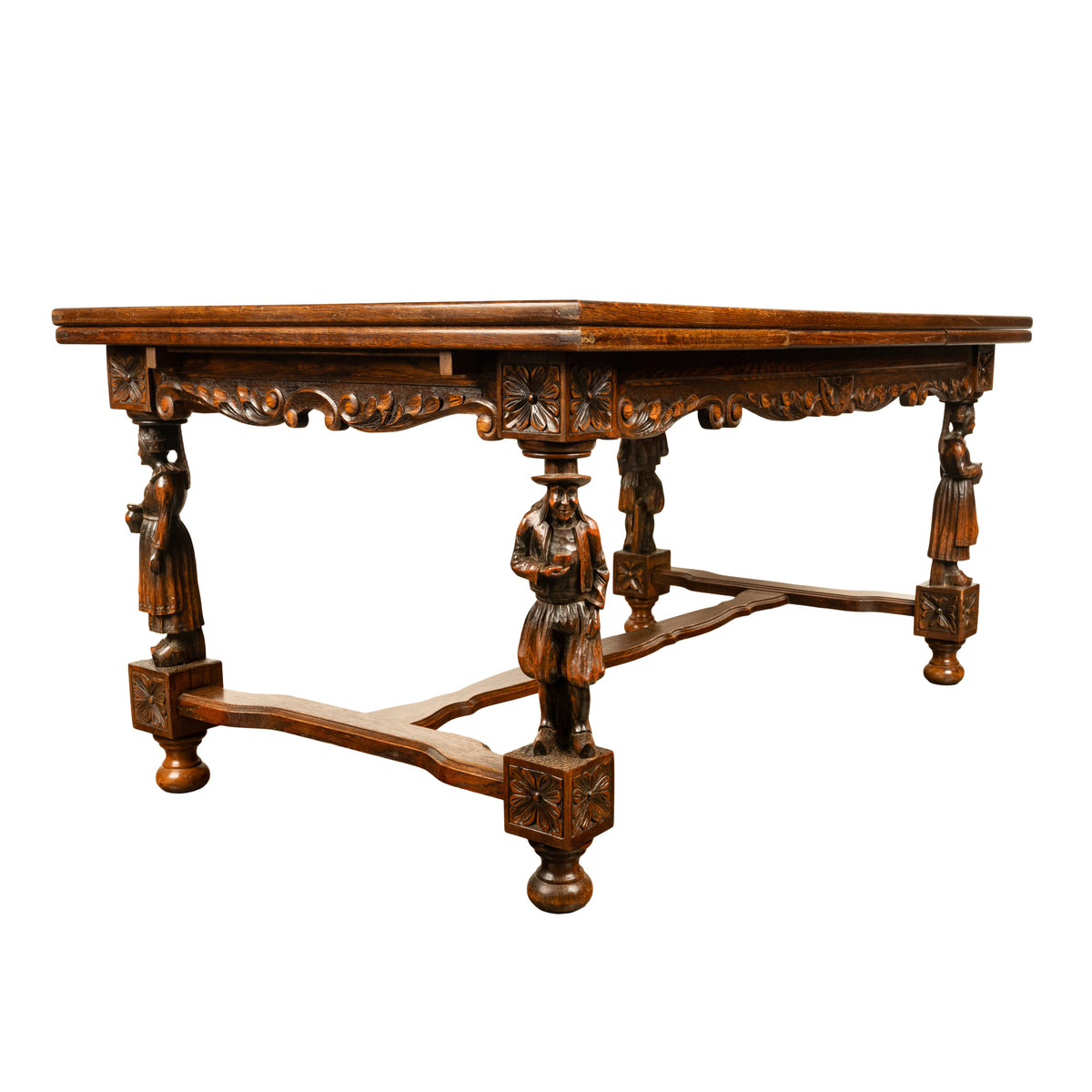 Antique Carved Figural French Breton Inlaid Dining Extending Table Brittany 1900