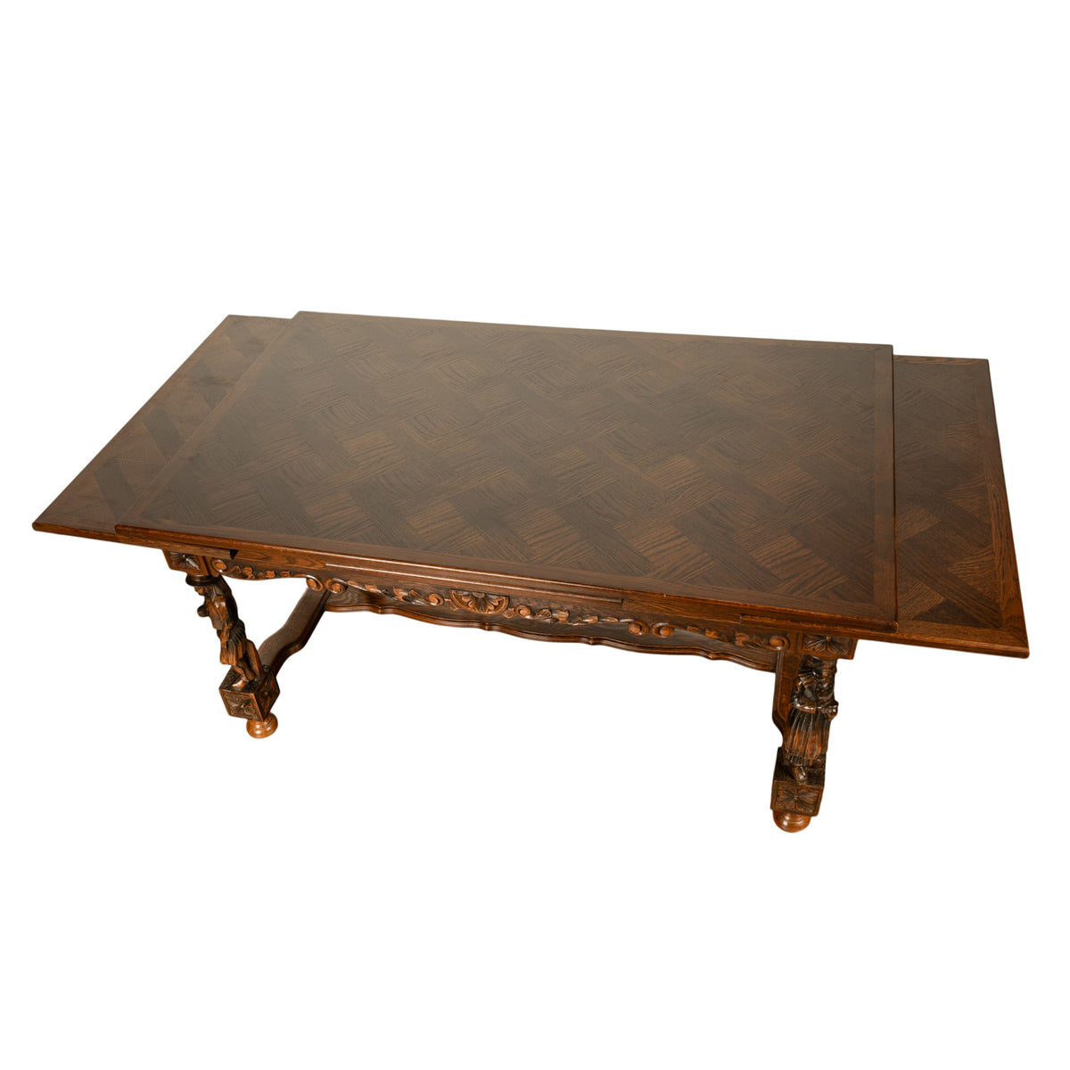 Antique Carved Figural French Breton Inlaid Dining Extending Table Brittany 1900