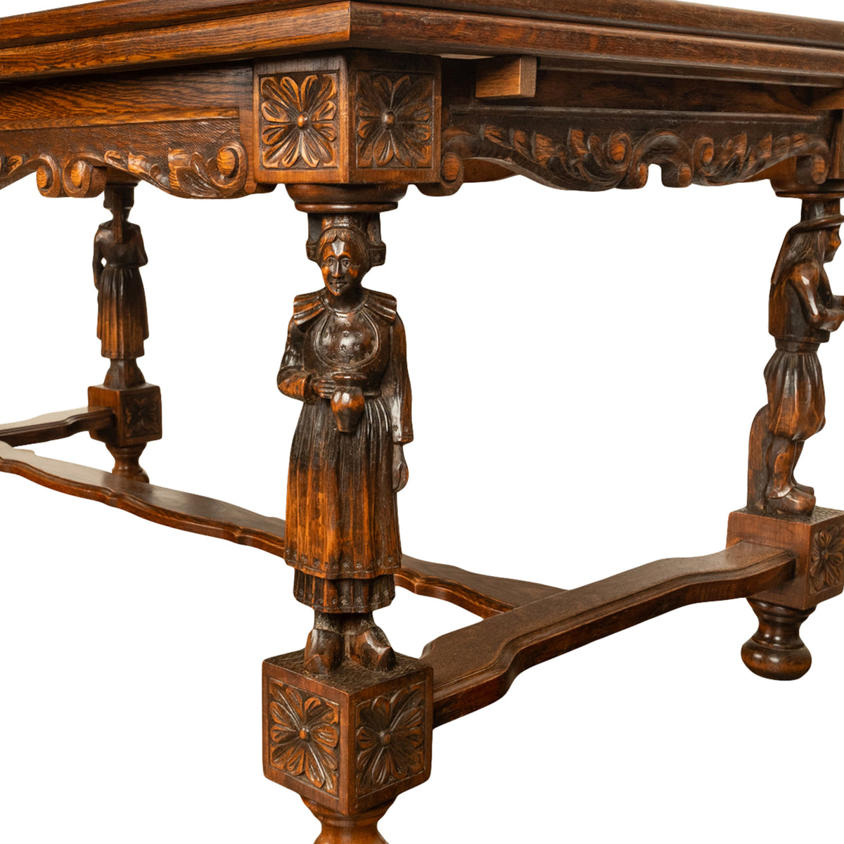 Antique Carved Figural French Breton Inlaid Dining Extending Table Brittany 1900