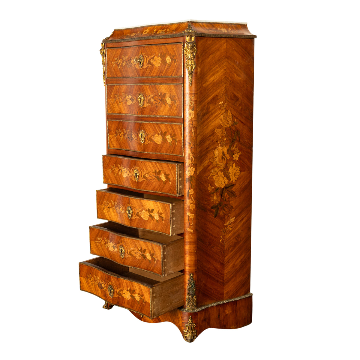 Fine Antique French Louis XV Marquetry Rosewood Ormolu Secretaire Abattant 1880