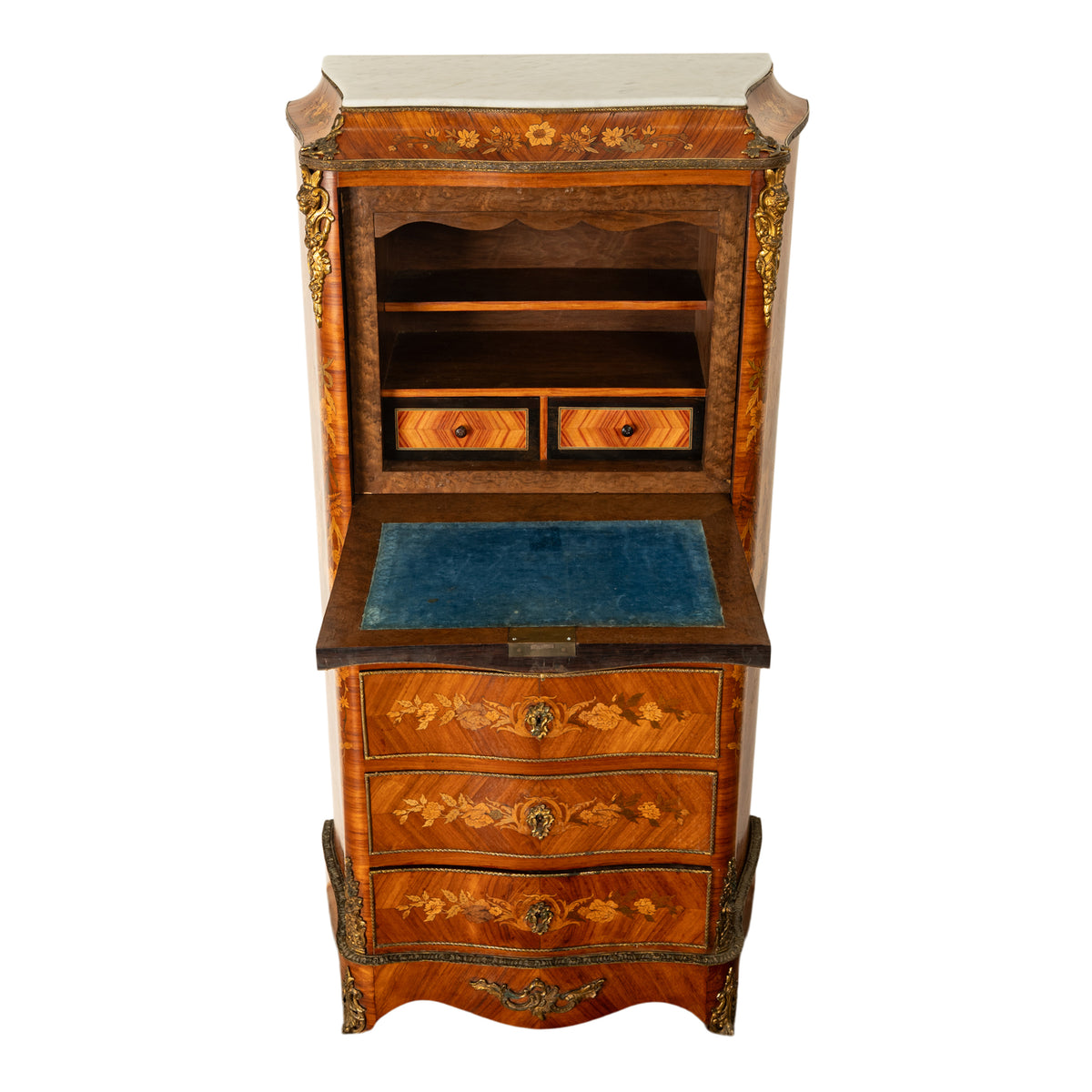 Fine Antique French Louis XV Marquetry Rosewood Ormolu Secretaire Abattant 1880