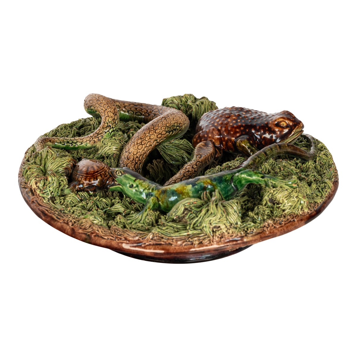 Antique Palissy Ware Portuguese Mafra Majolica Pottery Plate Lizard Snake 1880