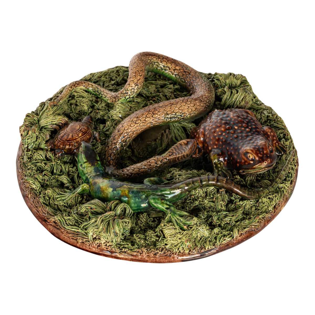 Antique Palissy Ware Portuguese Mafra Majolica Pottery Plate Lizard Snake 1880