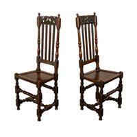 Antique 17th Century Pair Joined Oak King William & Queen Mary Side Chairs 1690
