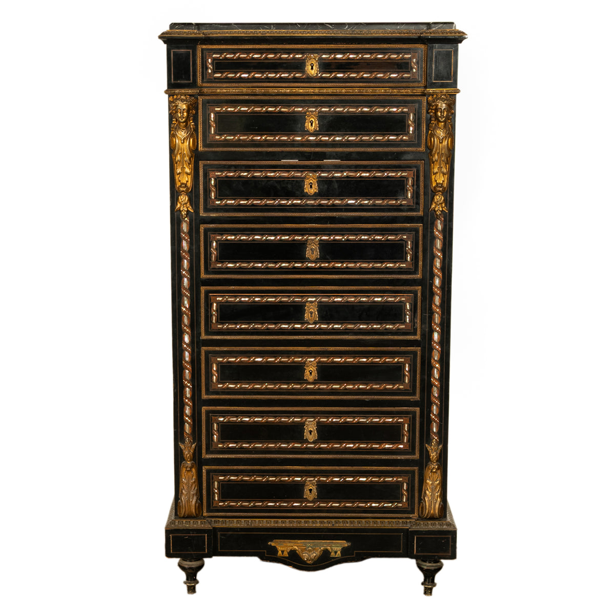 Antique French Napoleon III Mother-Of-Pearl Inlaid Ormolu Marble Top Secretaire Desk Chest 1860