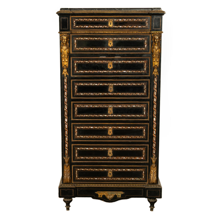 Antique French Napoleon III Mother-Of-Pearl Inlaid Ormolu Marble Top Secretaire Desk Chest 1860
