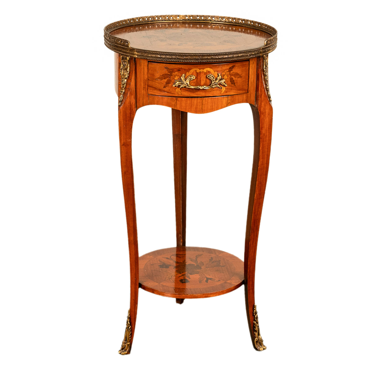 Antique French Louis XV Walnut & Ormolu Marquetry Circular Side Table Stand 1890