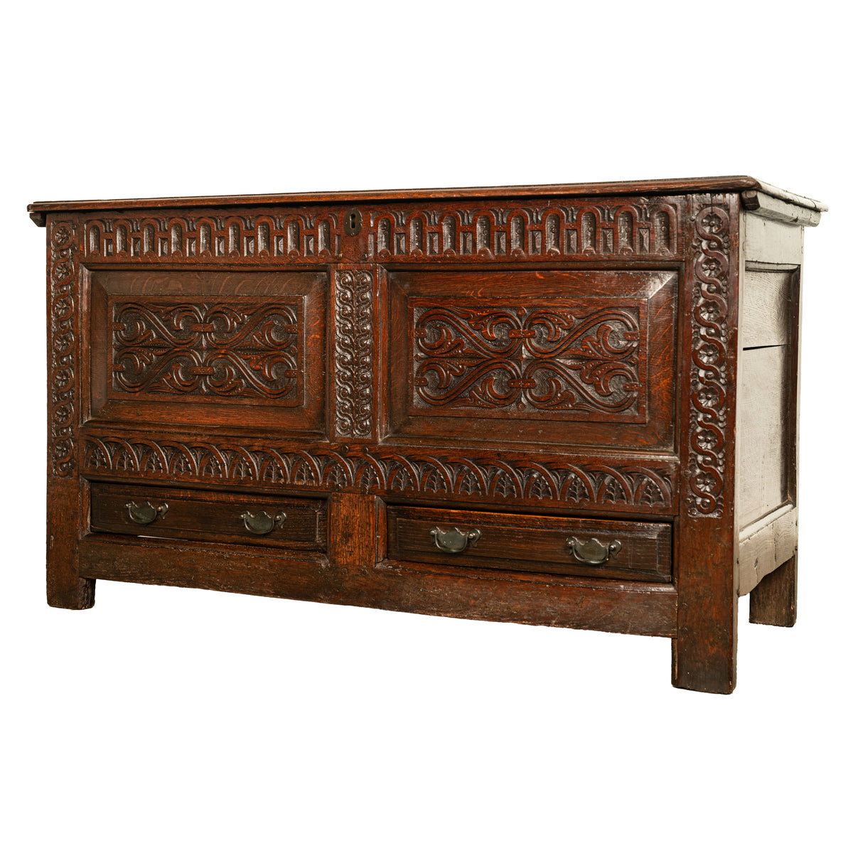 Antique English 17th Century King Charles II Carved Oak Coffer Mule Chest 1680