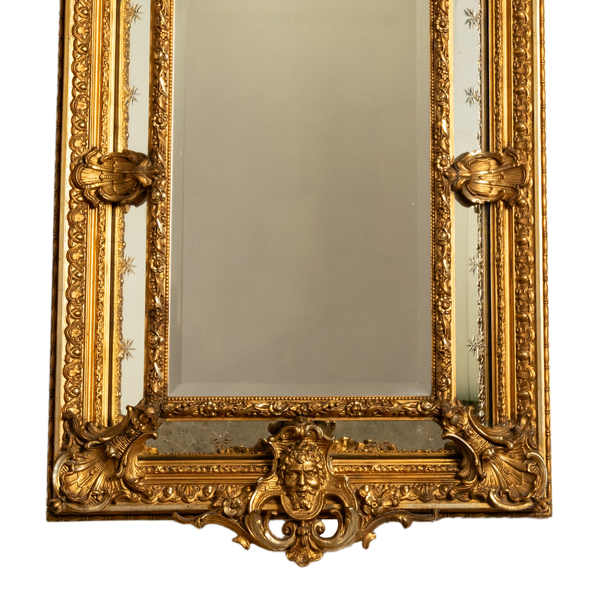 Antique French Giltwood Neoclassical Rococo Mirror Etched Stars Cherubs 1870
