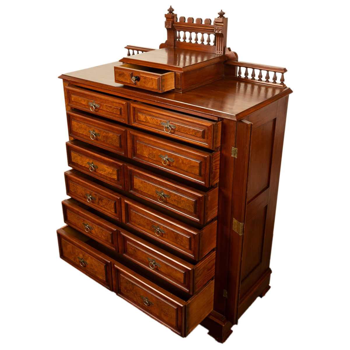 Antique American Burl Walnut Lock Side Eastlake Highboy Chest of Drawers 1870