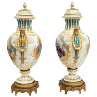 Pair Antique French Sevres Handpainted Gilded Ormolu Porcelain Urns signed 1890