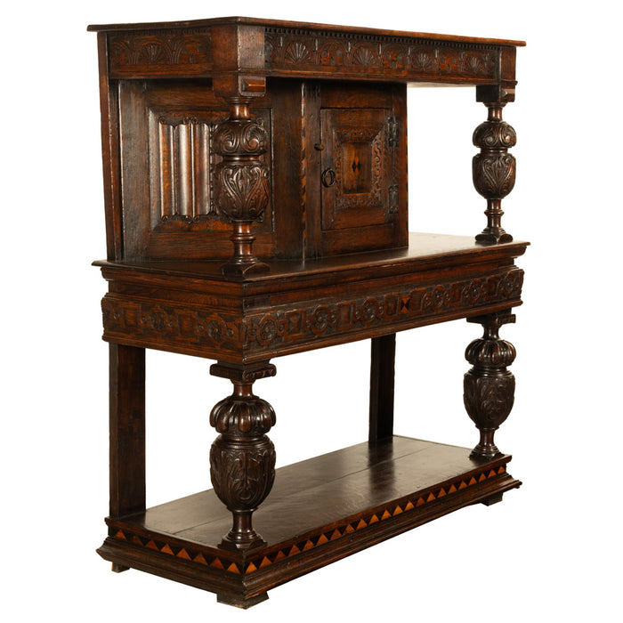 Antique 16th C Elizabethan Tudor Inlaid Oak Carved Court Cupboard Cabinet 1580