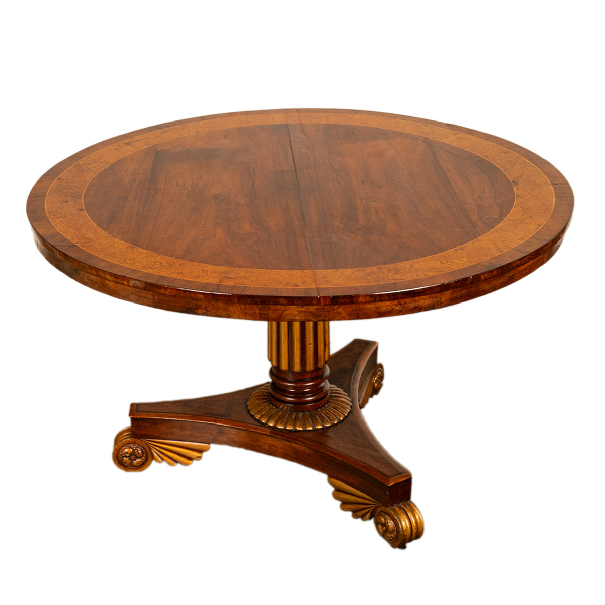 Antique Georgian Regency Amboyna Walnut Parcel Gilt Tilt-Top Breakfast Dining Table Circa 1820