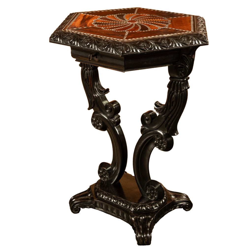 Antique Ceylonese Carved Rosewood Ebony Ivory Silver Specimen Inlaid Table 1850
