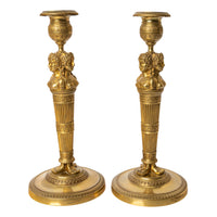 Pair Antique Early 19thC French Empire Neoclassical Gilt Bronze Candlesticks