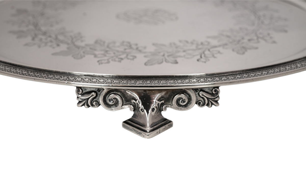 Antique Engraved Sterling Silver Tiffany & Co Footed Salver Tray New York 1870