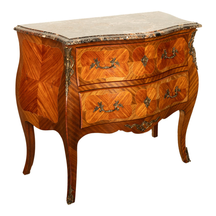 Antique French Louis XV Marble Top Ormolu Bombe Shape Inlaid Tulip-Wood Commode 1900