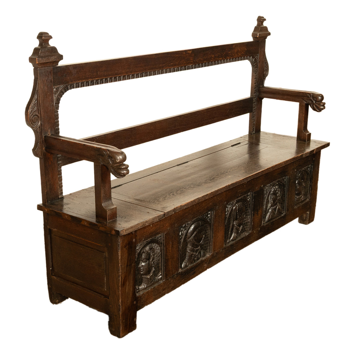 Antique French Brittany Carved Oak Bench with 16th Century Portrait Panels 1560