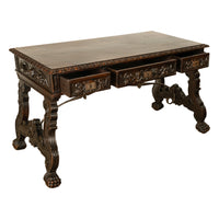 Antique Spanish Baroque Hand-Carved Walnut & Iron Trestle Desk & Chair 1860
