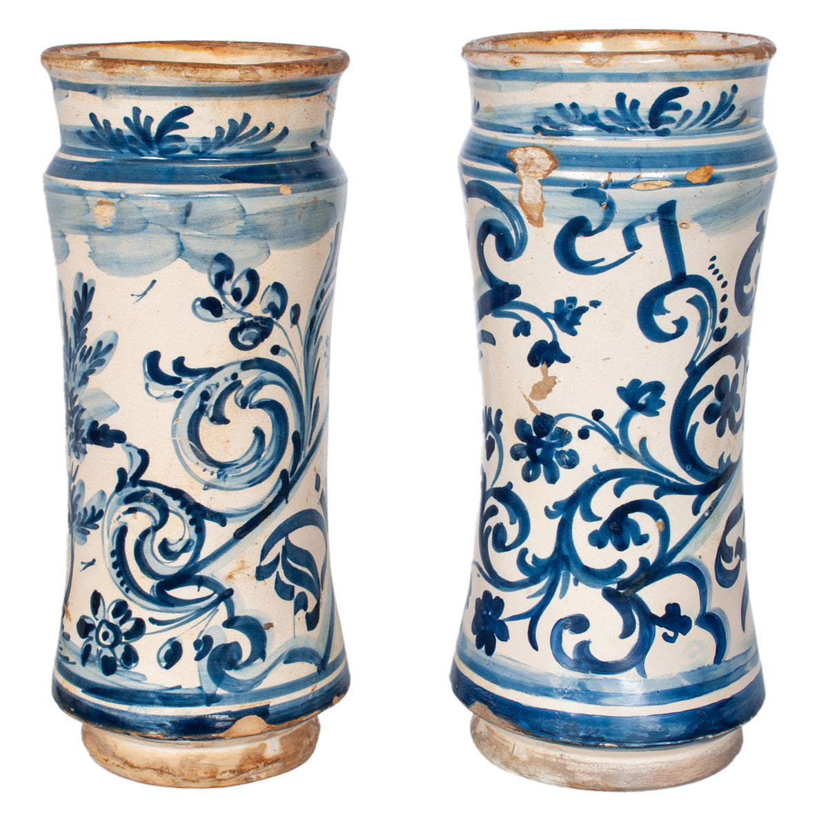 Pair Antique 17th Century Spanish Blue & White Pottery Albarelli Apothecary Jars 1680