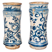 Pair Antique 17th Century Spanish Blue & White Pottery Albarelli Apothecary Jars 1680