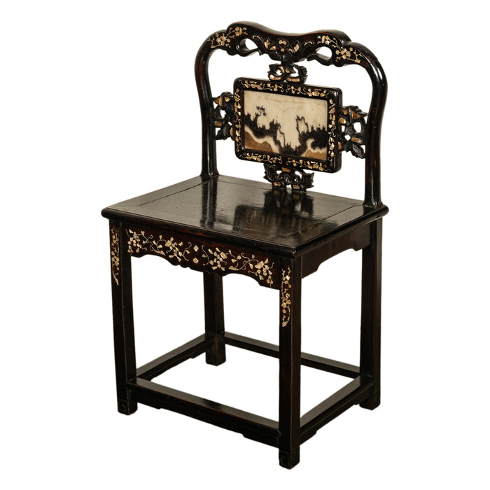 Antique Chinese 19th Century Qing Dynasty Rosewood Inlaid Dreamstone Marble & Mother of Pearl Chair 1850