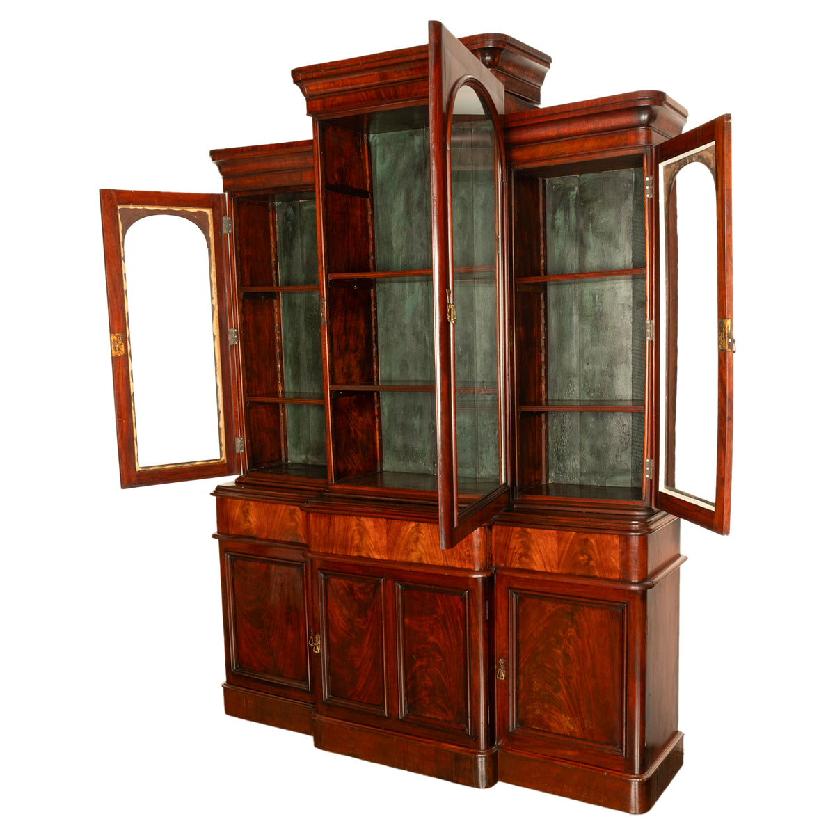 Antique 19th Century Large Breakfront Flame Mahogany Bookcase Bibliotheque 1850