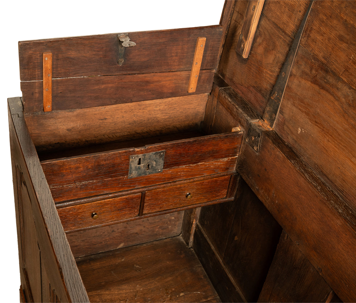 Antique Early Georgian Large 4 Panel 3 Drawer Hinged Top Mule Chest Coffer 1740