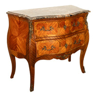 Antique French Louis XV Marble Top Ormolu Bombe Shape Inlaid Tulip-Wood Commode 1900