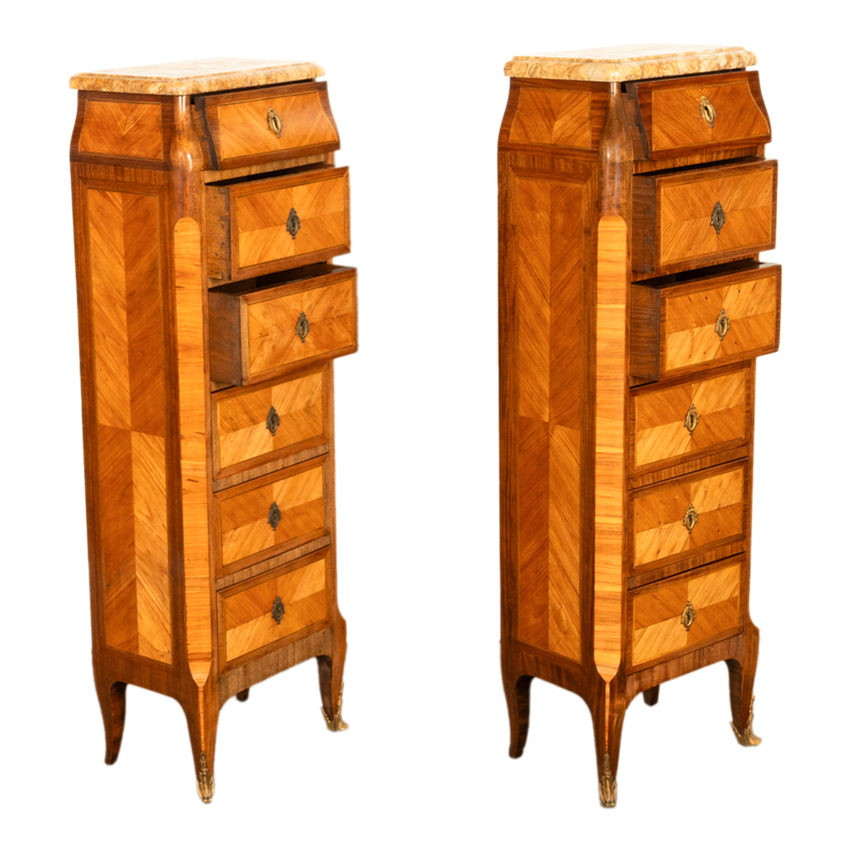 Antique Pair French Louis XV Chiffonier Marble & Kingwood Tall Lingerie Chests Circa 1880
