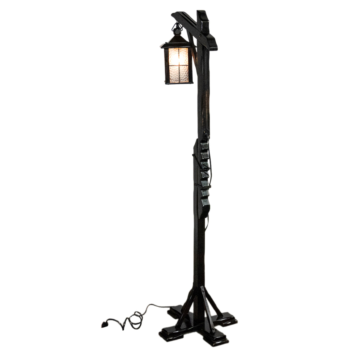 Antique Mission Arts Crafts Carved Oak Adjustable Floor Lamp Glass Lantern 1930