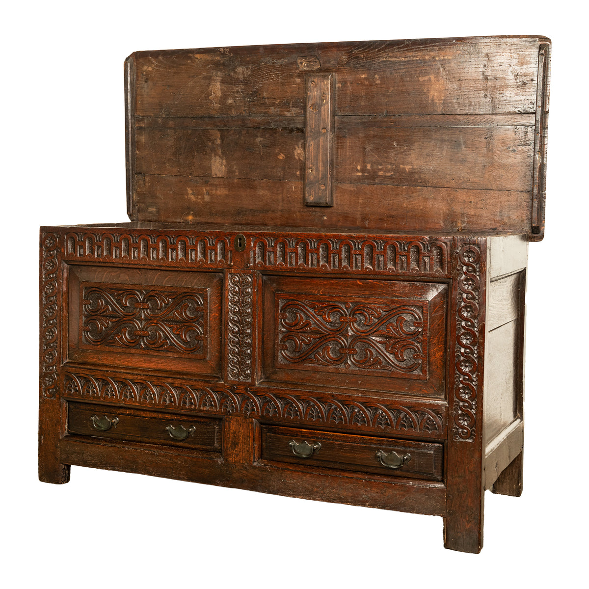 Antique English 17th Century King Charles II Carved Oak Coffer Mule Chest 1680