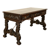 Antique Spanish Baroque Hand-Carved Walnut & Iron Trestle Desk & Chair 1860